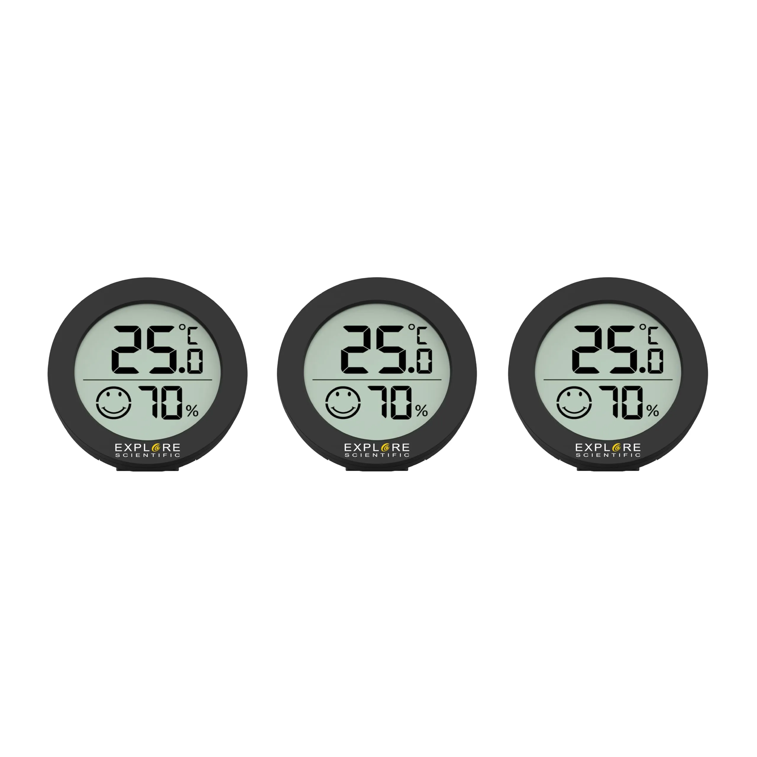 Explore Scientific WSH0008 Mini Termometro Igrometro con Indicatore di Comfort, 3 Pack, Display LCD, Temperatura, Umidità, Dimensioni Ridotte, Nero