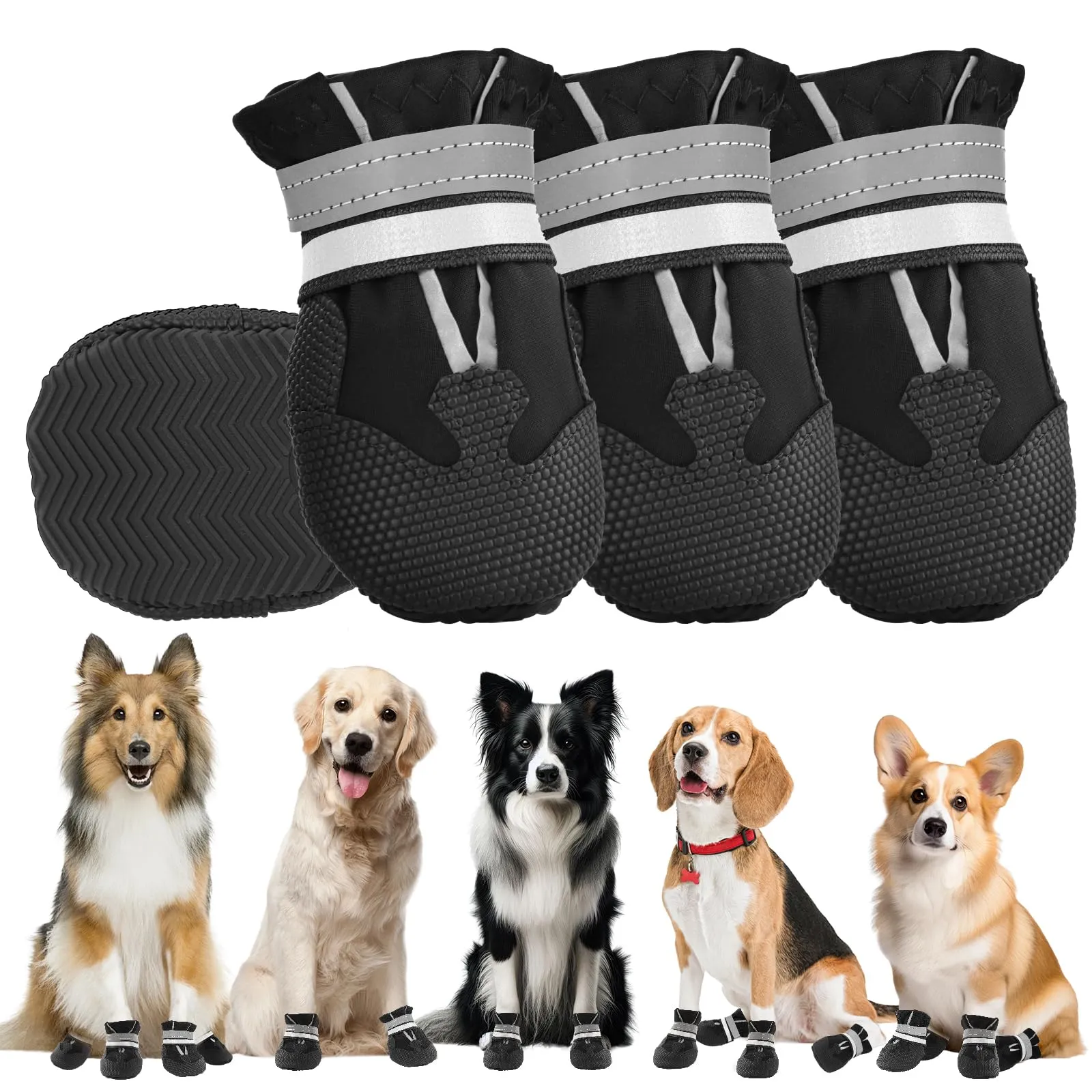 4 Stivali per Cani Paw Protector, Impermeabili Con Cinghie Riflettenti, Antiscivolo Regolabili e Lavabili, Protettori Delle Zampe per Cani di Piccola, Media e Grande Taglia