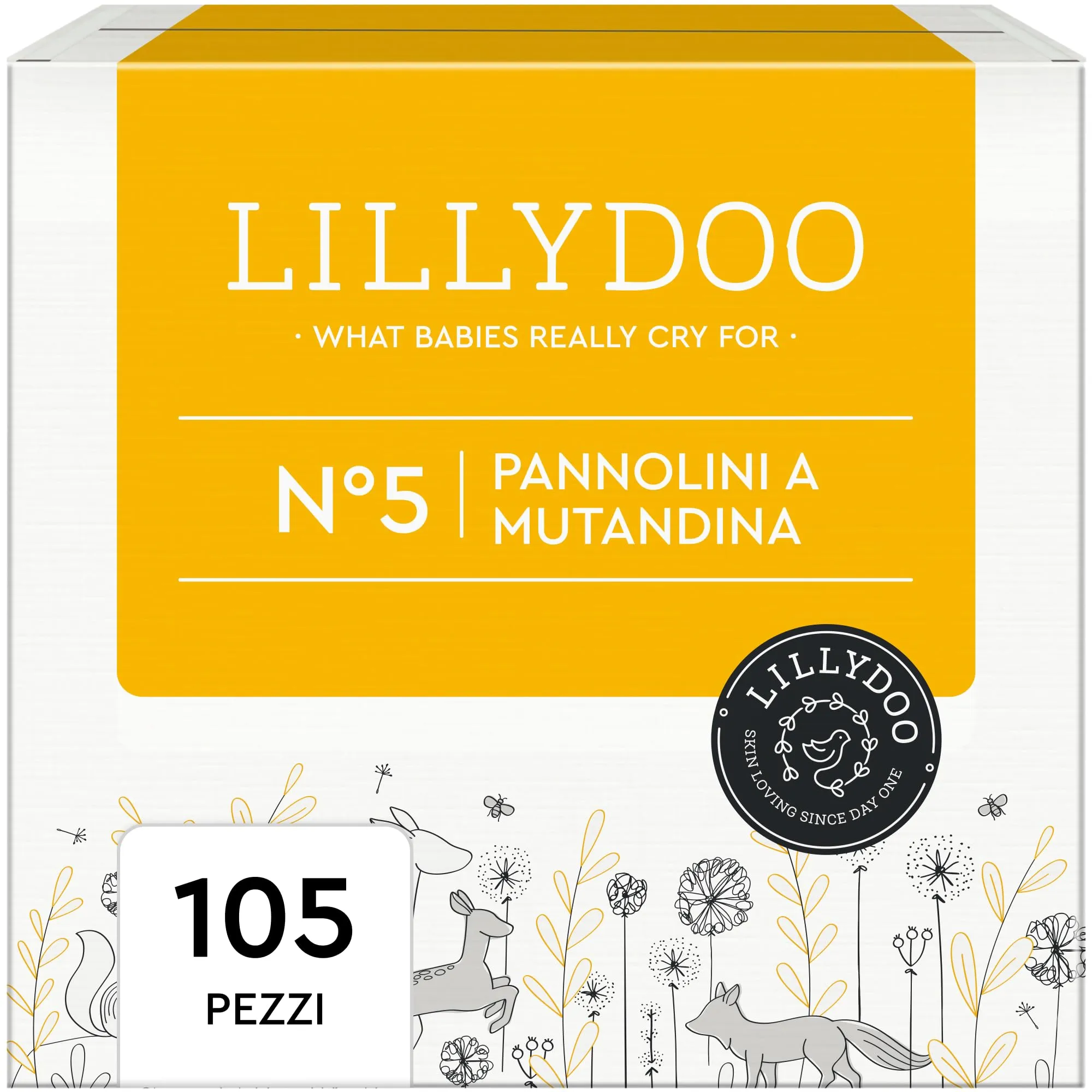 Pannolini a mutandina LILLYDOO, taglia 5 (12-17 kg), Pacco Mensile (105 pezzi) Confezione da 5 x 21