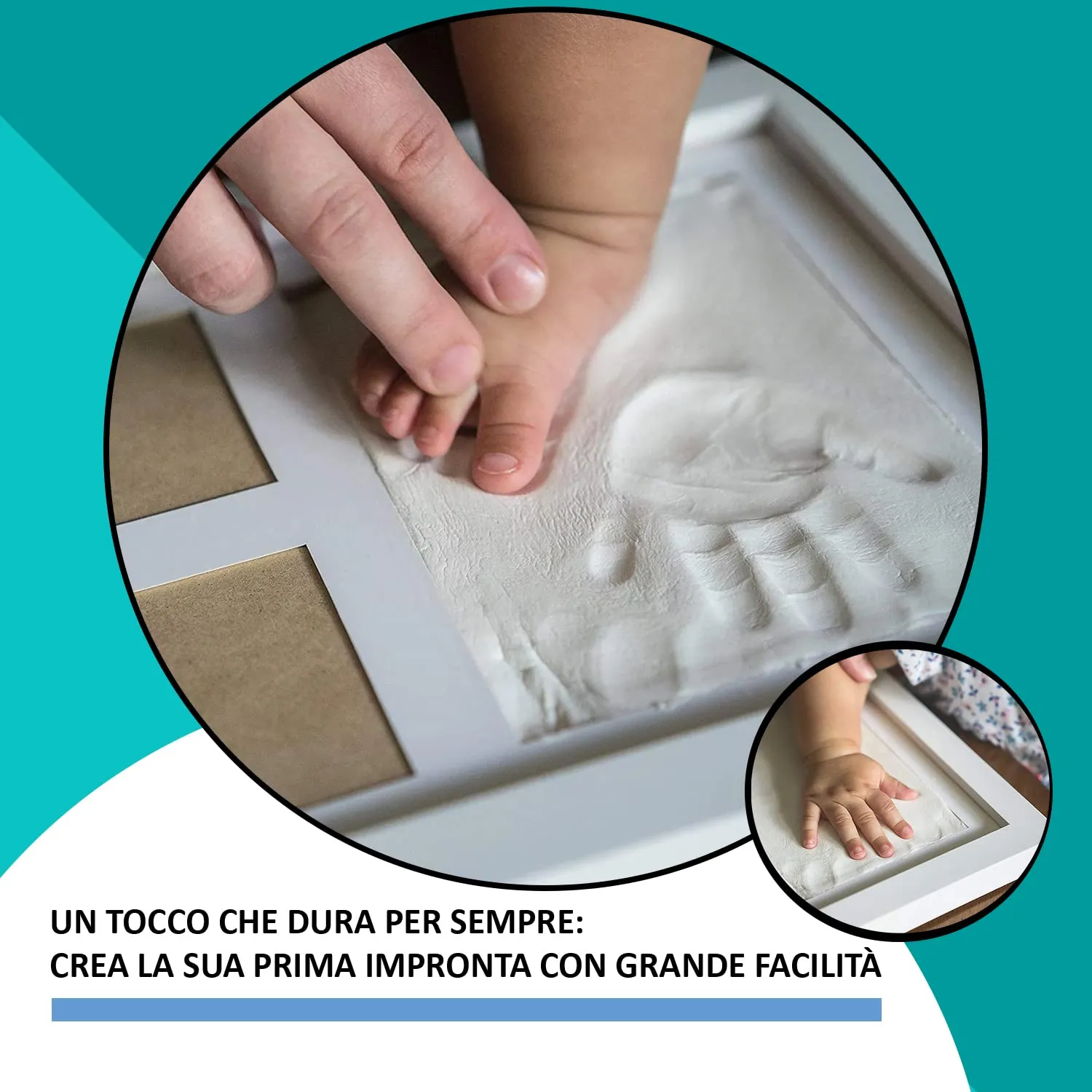 Cornice Impronte Neonato 5ª Generazione - Kit Impronte Mani e Piedi in Argilla Morbida - Regalo per Neonati con Portafoto da Tavolo e Parete