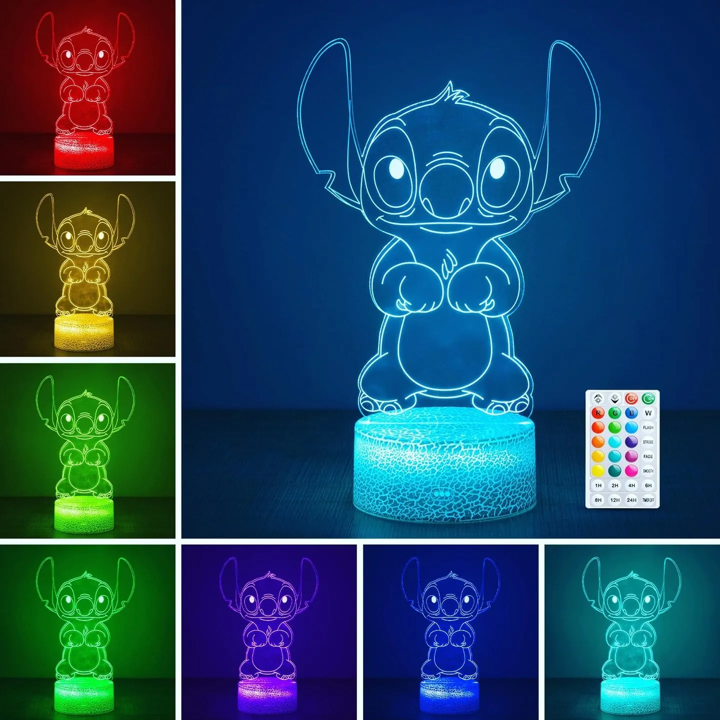 Hoofun Lampada Stitch, 16 Colori Stitch Luce Notturna: Lampara LED 3D Illusione con Telecomando y Smart Touch, Stitch Regali per Camera Decorazione Bambini Compleanno Natale