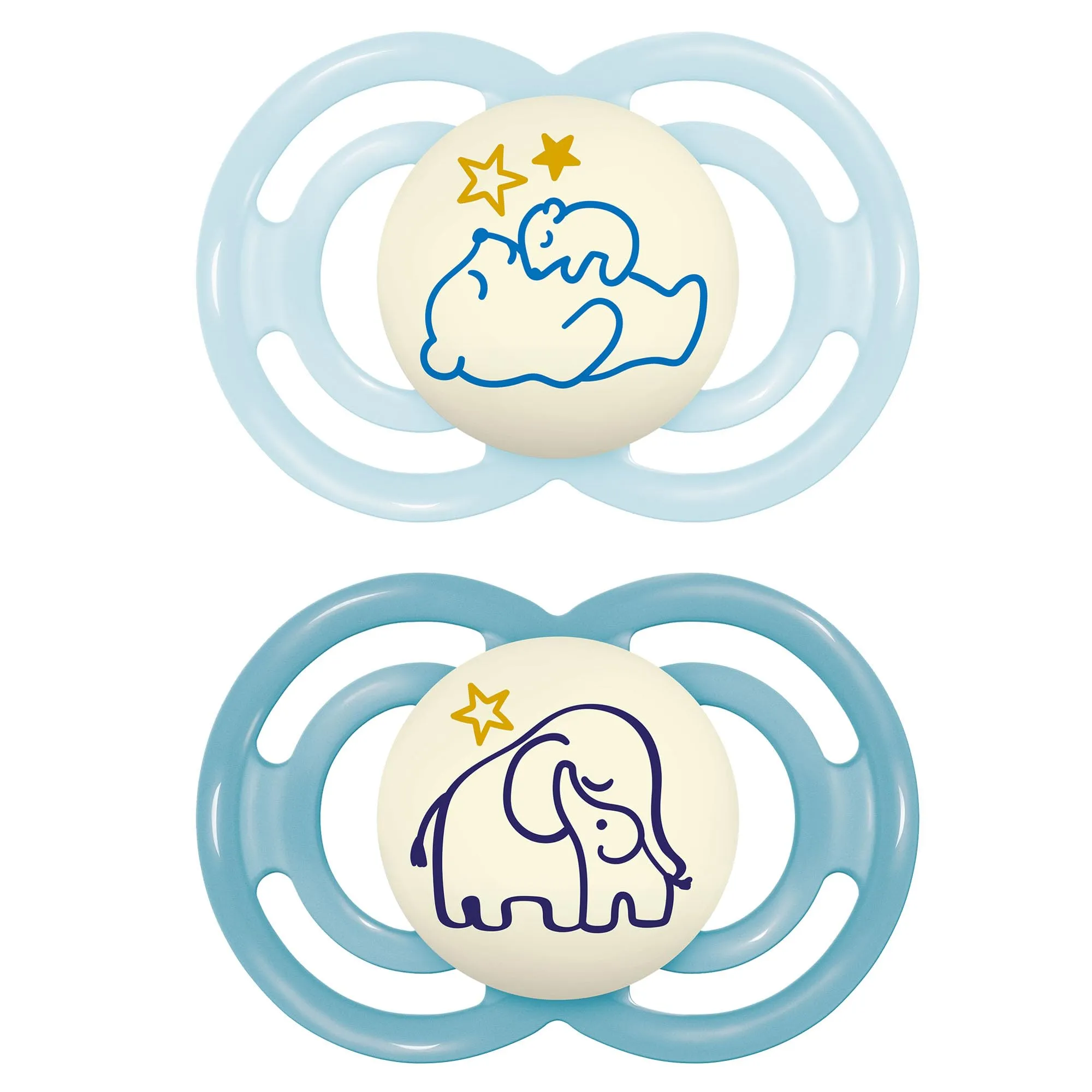 MAM Perfect Night Confezione Doppia Succhietto 16+ Mesi (Set da 2), Ciuccio MAM 16 36 mesi silicone che si illumina al buio, Kit da 2 accessori neonato per lo sviluppo orale con porta ciuccio, Azzurro