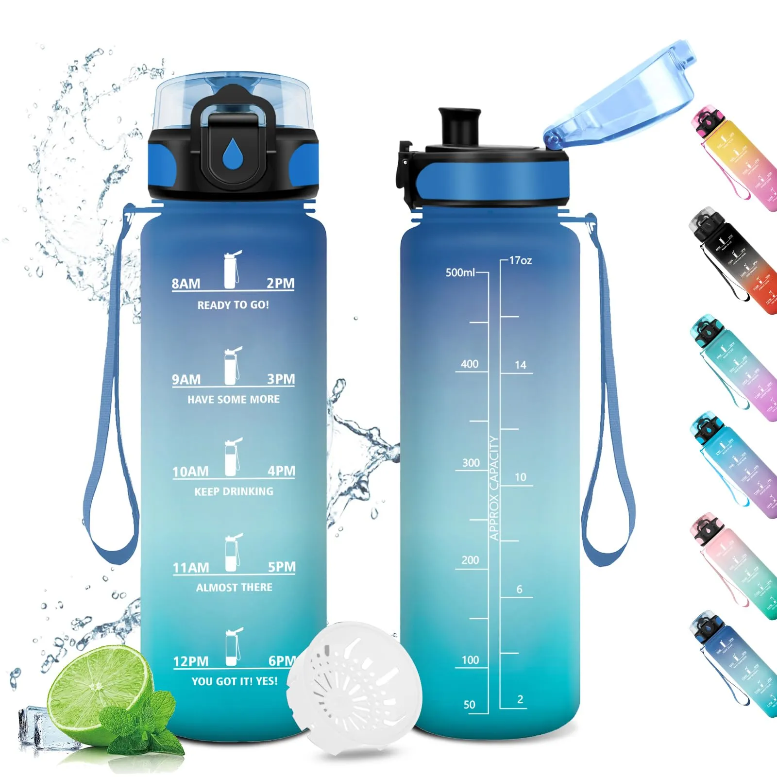 Borraccia 500ml, Bottiglia con Filtro, Borraccia con Indicatore del Tempo Motivazionale, Borraccia Bambini, a Prova di Perdite, Borracce per Bambini, Sport, Palestra, Scuola, Gym, Ufficio, Yoga
