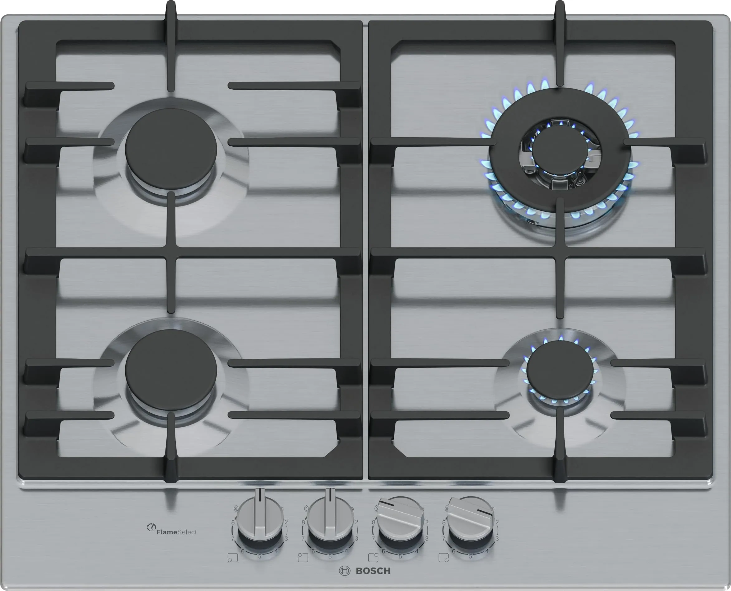 Bosch PCH6A5I90 Serie 6, Piano cottura a gas, FlameSelect, Manopole magnetiche rimovibili, WOK, griglie in ghisa, Acciaio, 60 cm, Inox