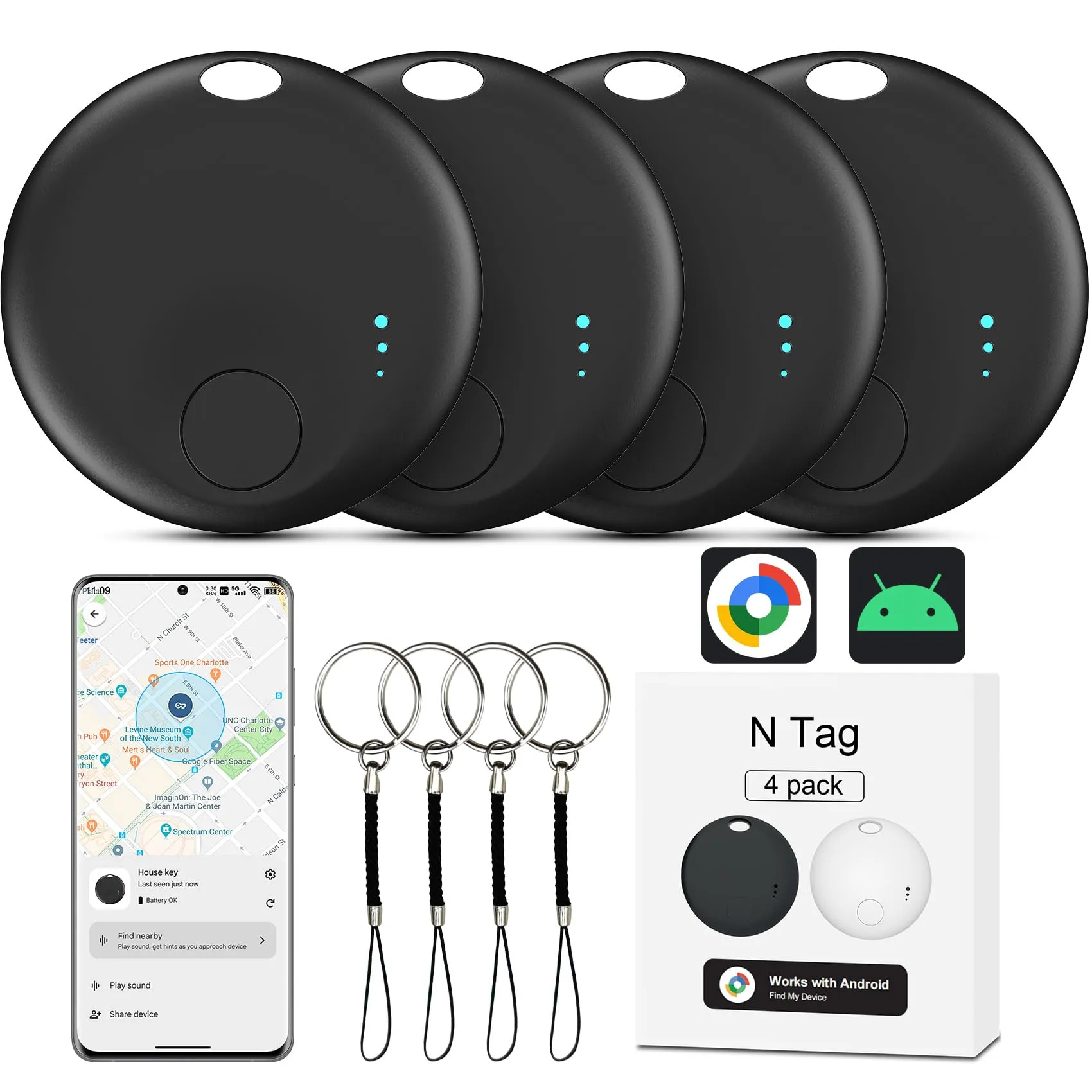 Air Tracker Android, 4 PCS Smart Tracker Tag GPS Localizzatore Chiavi Compatibile con Trova Dispositivo(Solo Android), Bluetooth Tracker Compatibile per Portafogli,Chiavi,Zaini, Animale (Nero)