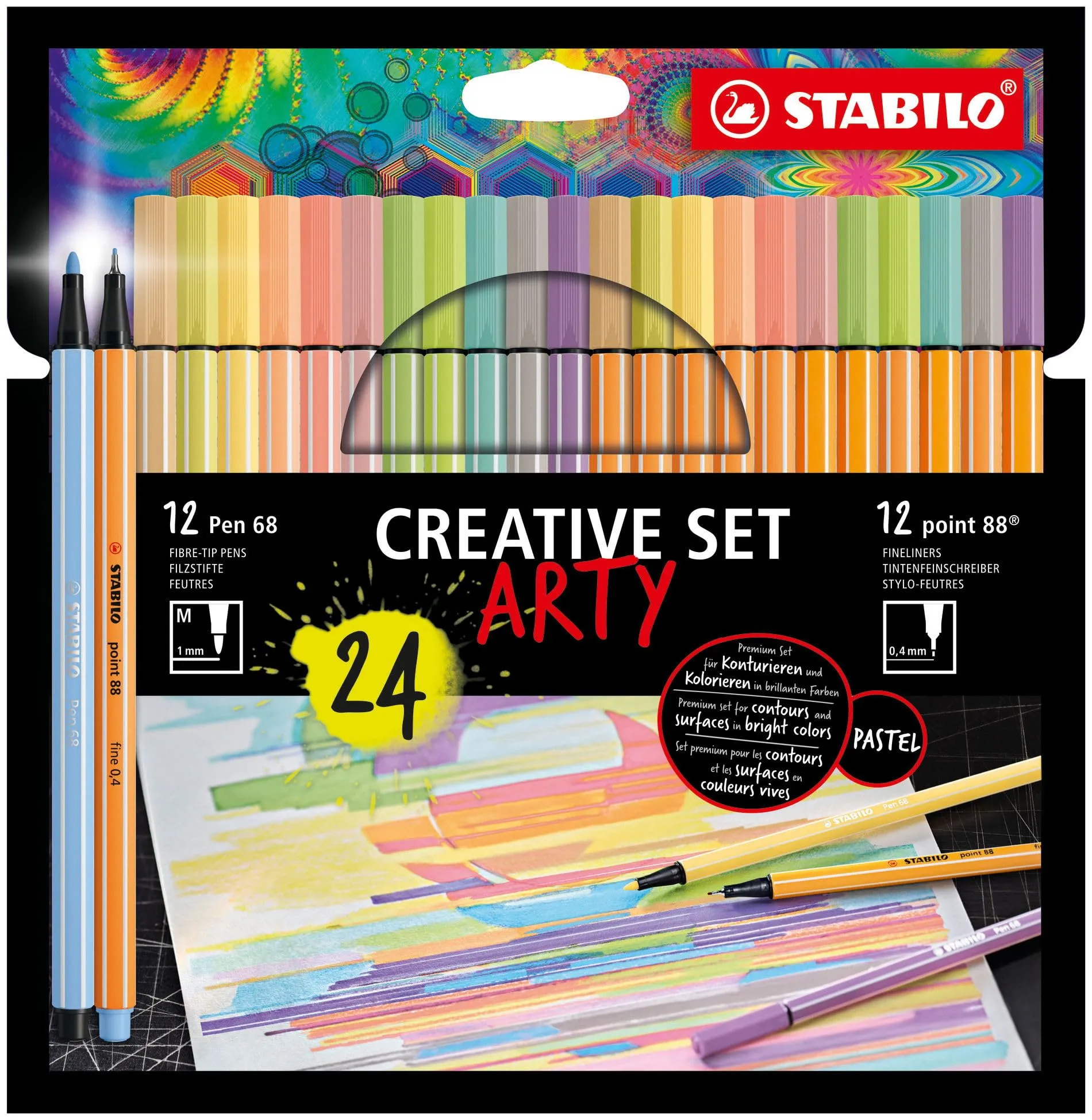 Stabilo ARTY Creative Set - Set Creativo - Astuccio da 24-11 Fineliner point 88 + 13 Pennarelli Premium Pen 68 - Colori Pastello