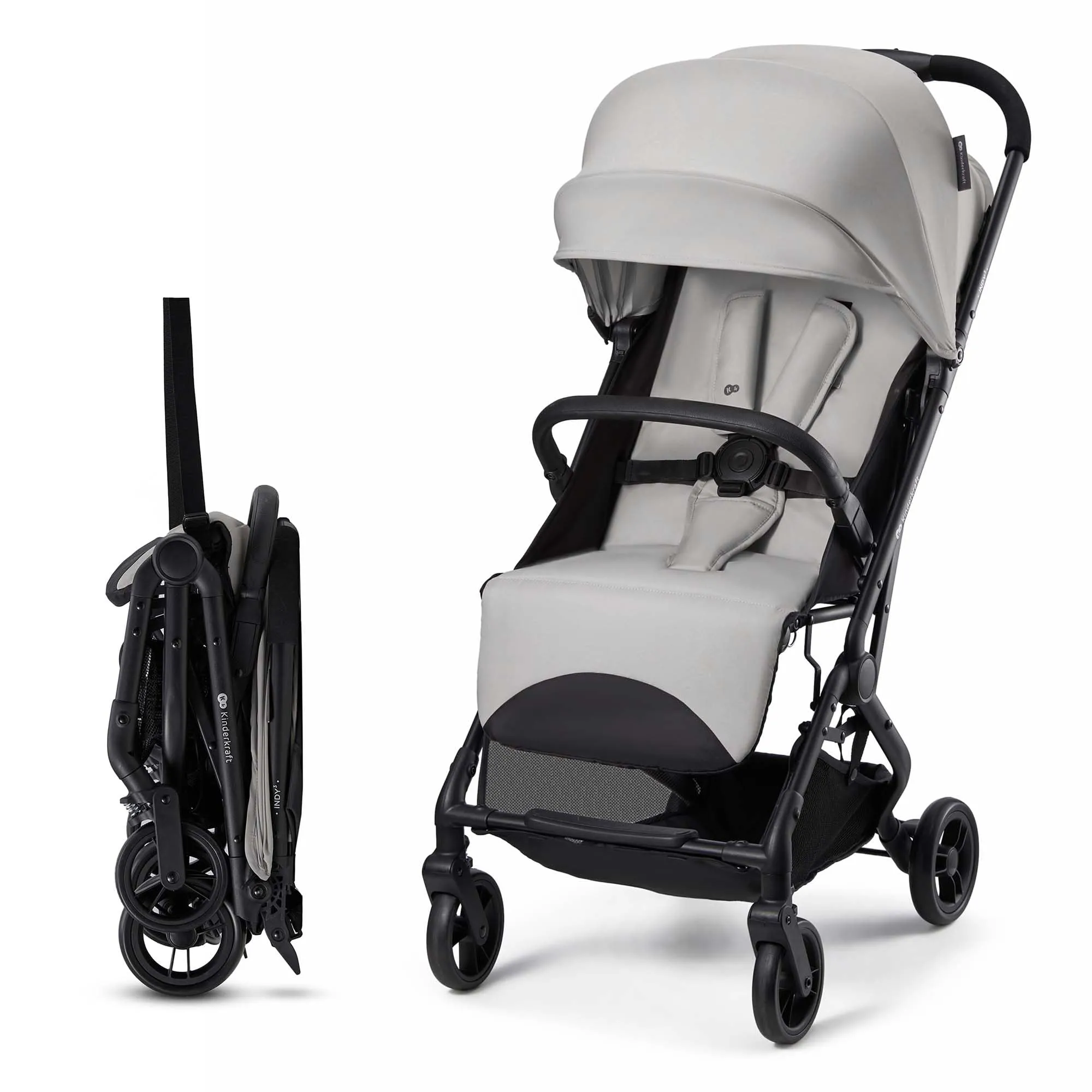 Kinderkraft INDY 3 Passeggino Leggero e Compatto, Chiusura con una Mano, Ultraleggero 7,3 kg, Reclinabile, Cinghia per Trasporto, Ruote Resistenti, Ideale per Viaggi e Città, Grigio