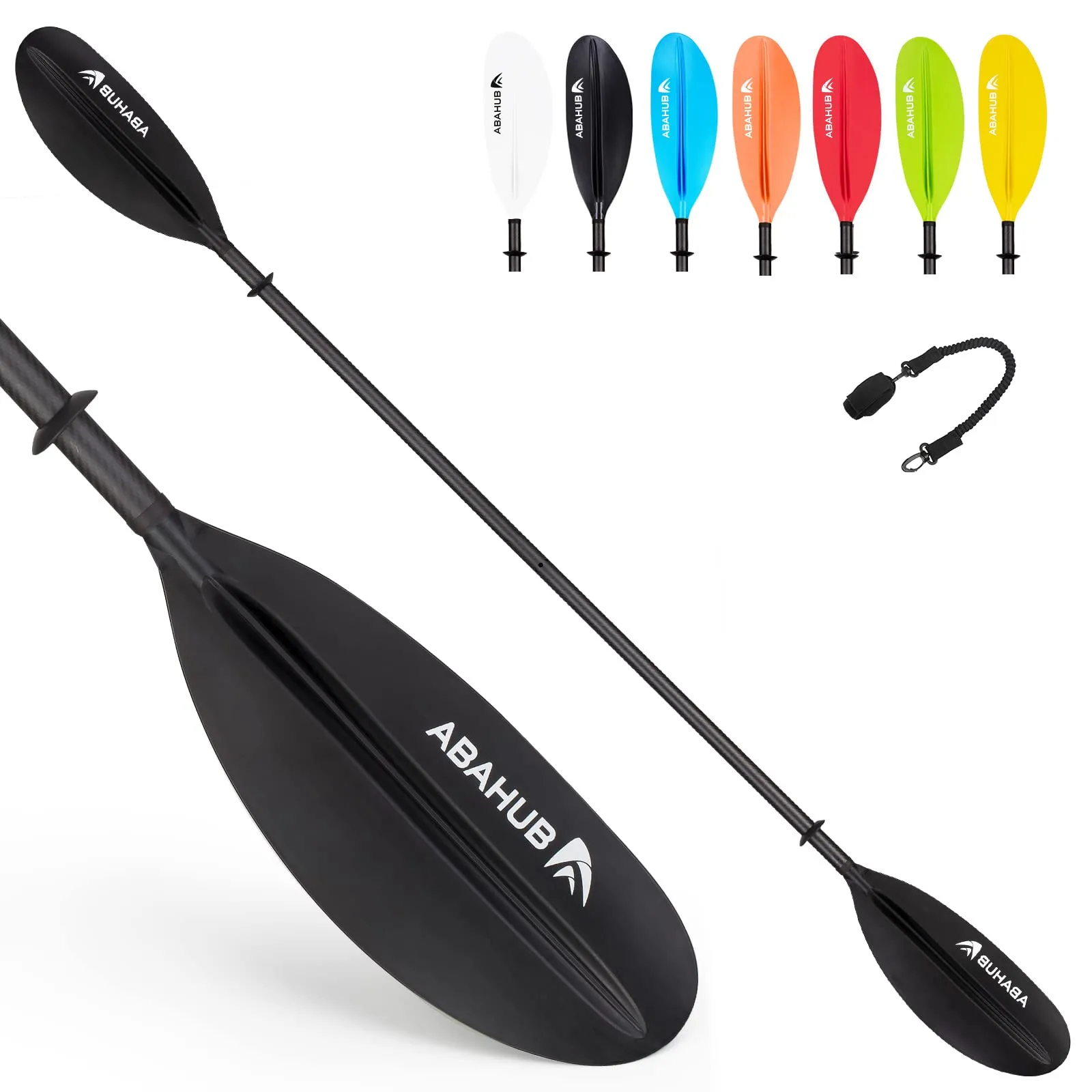 Abahub Pagaia Kayak Carbonio 2 Pezzi Doppia Remi Kayak Paddle 230cm con Linea di pagaie per Kayak Canottaggio Canoa, Albero in Carbonio, Lama di plastica Nero/Bianco/Rosso/Blu/Verde/Arancio/Giallo