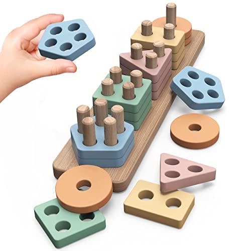 Joozmui Puzzle in Legno Montessori 1 2 3 Anni, attività in Legno Colorato e Giochi per Lo Sviluppo, Giocattoli Montessori per Bambini di 1 Anno (B)