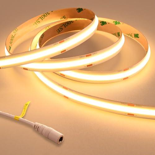GOMING 24V Super Luminoso COB Striscia LED Bianco Caldo 3000K 5M 2050LM/M 14.5W/M Alta Densità 480LED/M CRI 93+ IP20 Non Impermeabile Luci LED per Decorazione Casa(Senza Alimentazione)