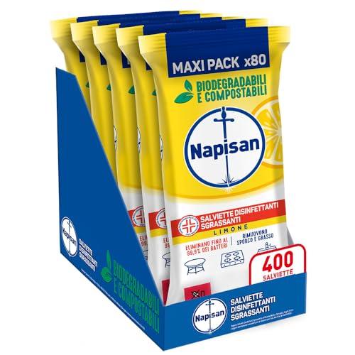 Napisan Salviette Disinfettanti Sgrassanti al Limone, Confezione da 5 Pacchi x 80 Salviette Disinfettanti Biodegradabili e Compostabili Multisuperfici