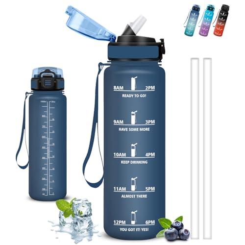 Borraccia 1 litro, Borraccia con Cannuccia, Senza Perdite, Borraccie Palestra, Facile da Pulire, Borraccie Motivazionale, Borracce con Chiusura di Sicurezza, per Fitness, Campeggio, Yoga, Viaggio