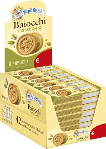 Mulino Bianco Biscotti Baiocchi al Pistacchio, Biscotti con Pistacchio e Pastafrolla Ideali per Colazione o Merenda, Senza Olio di Palma, Confezione da 42 Monoporzioni da 28g