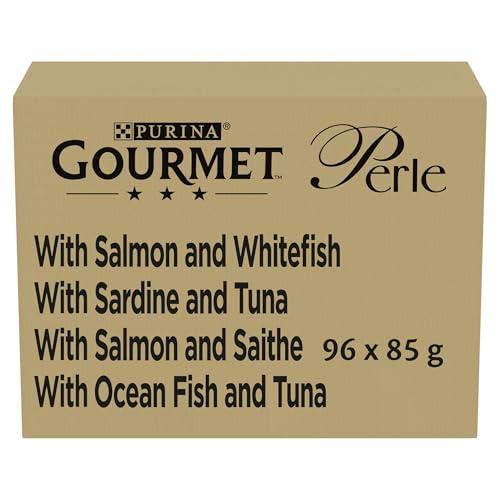GOURMET Perle Cibo Umido per Gatti Adulti Filettini con Salmone, Sardine, Merluzzo e Pesce dell'Oceano 96 Buste da 85g