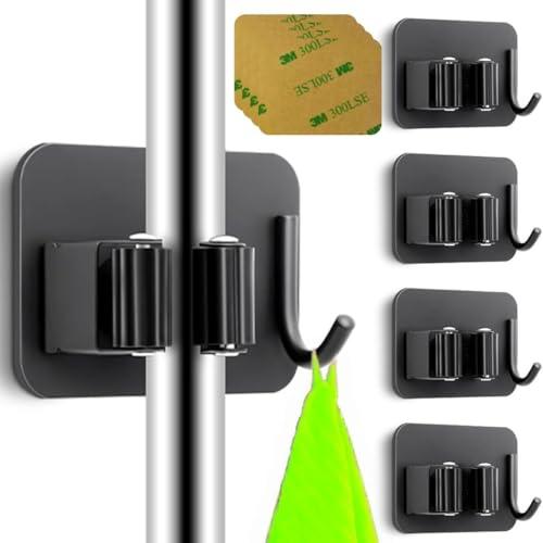 Ataraxia Home - Set di 4 Portascope da Muro - Portascope Salvaspazio, Porta Scope Parete Esterno e Interno, Appendi scope a muro adesivo - AttaccaScope (Nero)