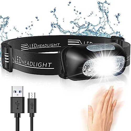 Glangeh Torcia Frontale, Lampada Frontale con Sensore Movimento, USB Ricaricabile, Batteria 1200mAh, IPX6 Impermeabile Torcia da Testa con 4 Modalità di Luce, Accessori per Lanterne da Campeggio/Pesca