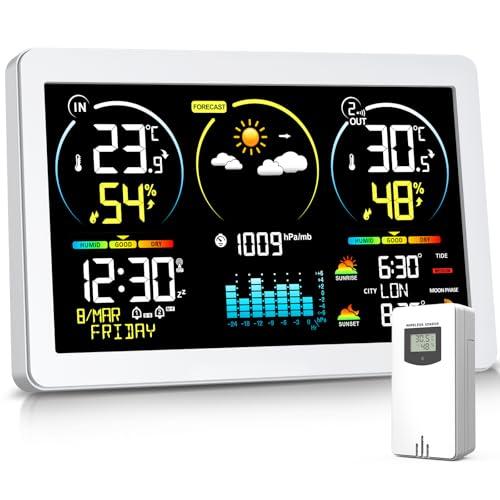 Stazione Meteo con Sensore Esterno, Termometro Digitale Senza Fili con Display a Colori, Monitor di Temperatura e Umidità, Previsioni del Tempo con Retroilluminazione Regolabile e Calendario