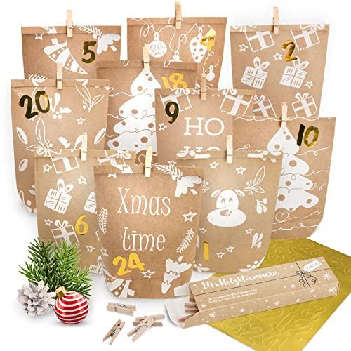 Amari® Calendario dell'Avvento da riempire Standard Braun - 24 Sacchetti di Carta (con Chiodi di Legno) da Realizzare per Natale - Sacchetti di Carta con Adesivi numerici