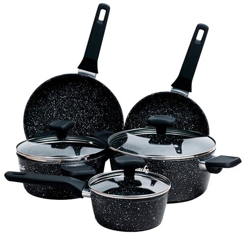 La Moustache - Batteria di Pentole【8 Pezzi】a Induzione in Alluminio con Antiaderente, Set di 3 Casseruole Ø 16/20/24 cm, 3 Coperchi e 2 Padelle Ø 20/24 cm, Manici in Bakelite (Onix)