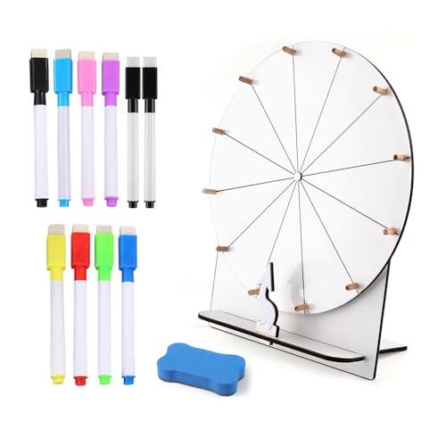 KBIBCK Ruota dei Premi in Legno, 29 cm Ruota Della Fortuna, Ruota dei Premi Che Gira, Ruota Girevole per Premi con Gomma e Pennarello per Carnival Gioco, Feste di Gioc, Fiere, Matrimonio (Bianco)