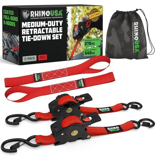 Rhino USA Cinghie di ancoraggio a cricchetto retrattili: resistenza alla rottura massima di 540 kg, include (2) cinghie di ancoraggio retrattili automatiche da 2,5 cm x 3 m con manici imbottiti.