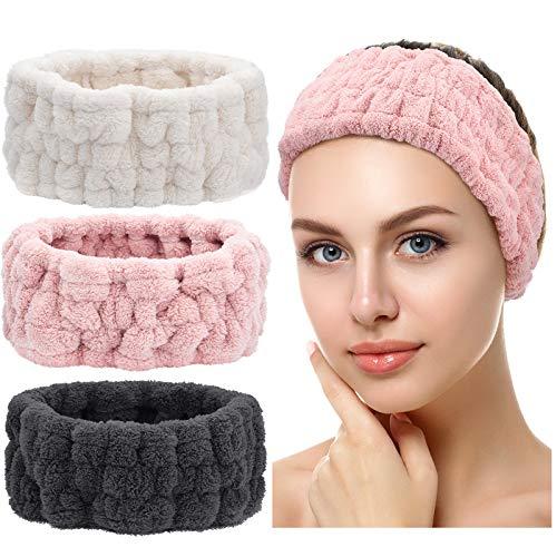 3 Pezzi Fascia per Viso Spa per Trucco e Lavaggio Viso Fascia Elastica Donna per Spa Yoga Sport Doccia Viso Fascia da Avvolgere per Ragazze e Donne (Rosa, Bianco Latte, Grigio Scuro)