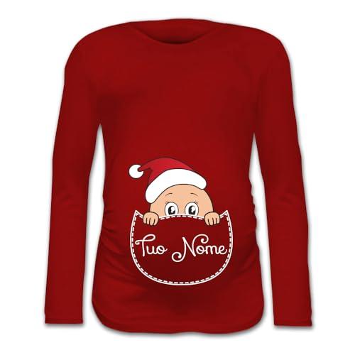 Babloo Maglia Premaman Tshirt maternità Natalizia Personalizzata con Nome Idea Regalo per Il Natale (IT, Testo, M, Regular, Regular, Rosso)