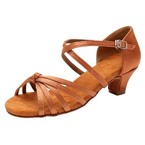 Scarpe Latino Americano Bambina Tacchi Bassi Suola Morbida, Scarpe da Ballo Latino Americano Bambina Comode e Antiscivolo Sandali per Dance Performance Pratica (01-Marrone, 29)
