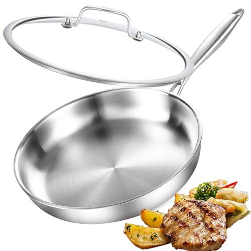DELARLOCHEF Padella in acciaio inox a tre strati con coperchio,28 cm,non rivestita,padelle per induzione,pentole ad alta e ottima efficienza energetica per steak,uova,11 pollici