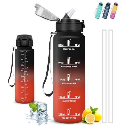 Borraccia 1 litro, Borraccia con Cannuccia, Senza Perdite, Borraccie Motivazionale, Facile da Pulire, Borraccie Graduata, Con Slogan Motivazionale, Borracce per Fitness, Campeggio, Escursionismo, Yoga