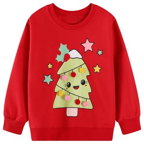 FILOWA Felpa per Bambina, Ragazza Albero di Natale Stampato Pullover Pompon Decorazione Maglione Cotone Girocollo Jumper Manica Lunga Top, Bambine e Ragazze Senza Cappuccio Felpe Bimba 5-6 Anni, Rosso