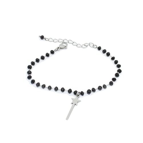 Bracciale catena con cristalli neri e ciondolo bacchetta magica