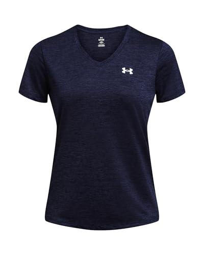 Under Armour Donna Tech Short Sleeve V-Neck Twist, Comoda Maglietta Manica Corta con Scollo a V, T-Shirt Sportiva per Palestra, Allenamento e Abbigliamento Casual,Midnight Navy/White,MD