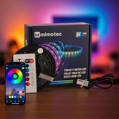 M mimotec - Pack strisce LED 2M USB 5V, RGB dimmerabile da 10 W, controllo tramite app e telecomando, modalità musica, LED per camera da letto, soggiorno, cucina, feste e videogiochi