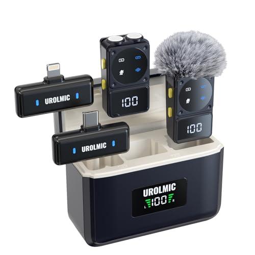 UROLMIC Microfono da Clip Wireless Compatibile con smartphone iOS e Android, Autonomia 45H, Portata 50M, con Display Digitale e Custodia di Ricarica, Riduzione del Rumore a 2 Microfoni