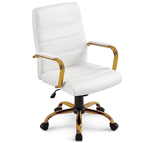 Yaheetech Sedia Scrivania Ufficio Ergonomica Ecopelle Girevole Reclinabile Imbottita con Rotelle e Braccioli Altezza Regolabile Portata 130 kg Bianco/Oro