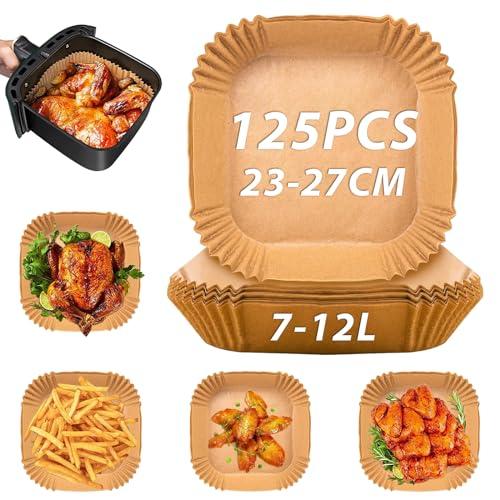 Sungoup Carta Forno per Friggitrice Ad Aria 23-27cm,125 Pezzi Antiaderente Impermeabile Antiolio Carta per Friggitrice Ad Aria,Fogli Friggitrice Ad Aria per 7-12L Air Fryer,Compatibile con COSORI