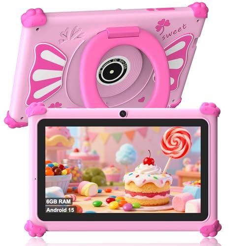 ascrecem Tablet Bambini 7 Pollici Android 15 Tablet per Bambini con 2.4G+5G WiFi6 Penta Core 6GB RAM 32GB ROM Tablets Bambina Doppia Fotocamera 128GB Espandibile Controllo Parentale (Rosa)