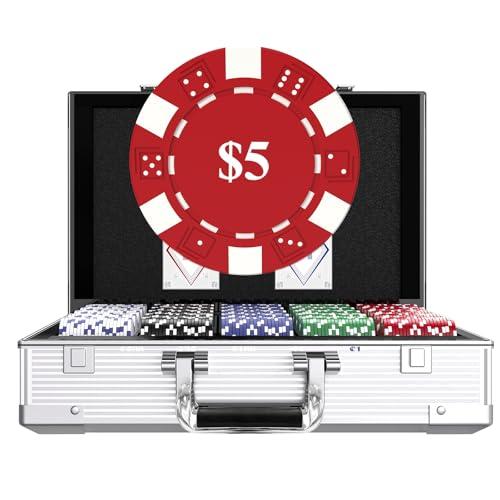 HEITOK Casino Poker Set con Denominations 1000 pezzi con custodia per poker e chip per peso professionale, 5 poker Dice Waterproof, Classics Poker Kit Casino Game