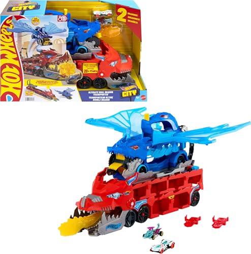 Hot Wheels - Drago Trasportatore, Veicolo trasformabile di Grandi Dimensioni con Drago Rimovibile e 2 macchinine Incluse, Contiene Fino a 20 Veicoli, Giocattolo per Bambini, 4+ Anni, JKJ79