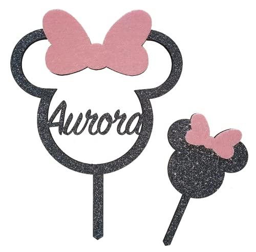Minnie Cake topper/decorazione per torta compleanno, feste- personalizzalo con il tuo nome e scegli il colore del fiocco
