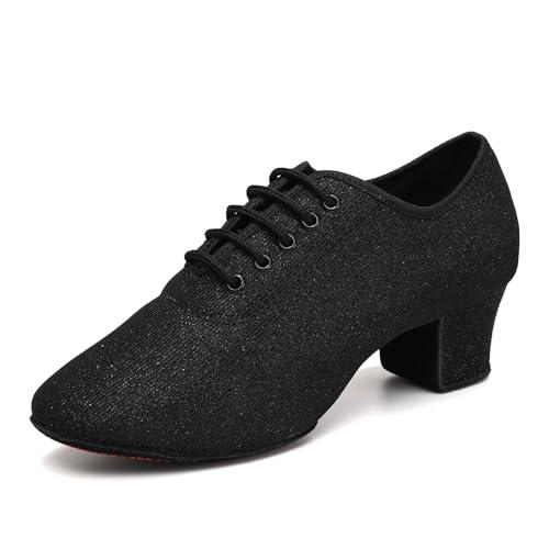 YCALCP Scarpe da Ballo Latino da Donna a Punta Chiusa Nere con Lacci Salsa Tango Pratica Scarpe da Allenamento Tacco 5cm, 38 EU