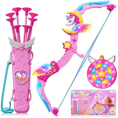 Giocattolo Unicorno per Bambina 3-12 Anni, ArcoFrecce con 6 Luci Magiche, Carquino da Sogno, Bersaglio Principessa, 8 Frecce Rosa a Ventosa, Giochi Natale Compleanno Regalo Bimba 3 4 5 6 7 8 9 10 Anni