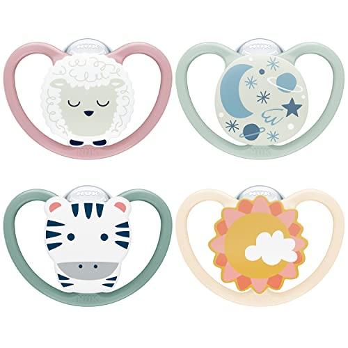 NUK Space Day & Night ciuccio | 6-18 mesi | Succhietti che si illuminano al buio con ventilazione extra per pelli delicate | Silicone senza BPA | Zebra & Pecore | 4 pezzi