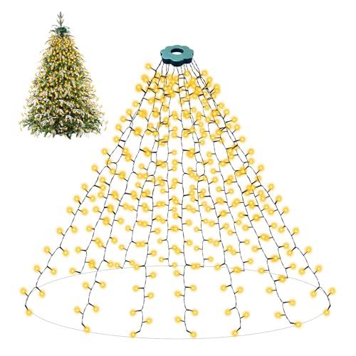 Rintea Luci Albero di Natale 400 LED 2 M 16 Fili 8 Modalità, Plug-in, IP44 Impermeabile Luci Albero di Natale Cascata, per Alberi di Natale, Giardini, Decorazioni per Interni ed Esterni, Bianco Caldo