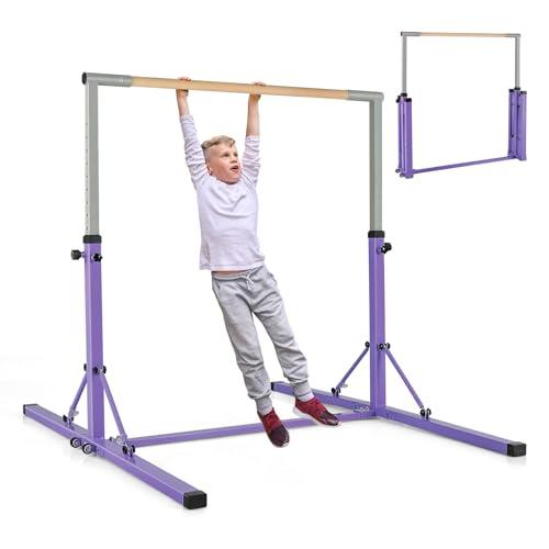 COSTWAY Barra per Ginnastica e Danza per Bambini e Bambine Pieghevole e Portatile, Sbarra Parallela in Metallo e Legno con 13 Altezze Regolabili, Ruote e Cuscinetti Antiscivolo, Portata 100 kg (Viola)