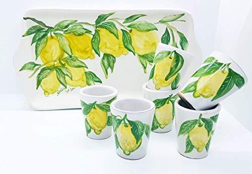 Vassoio Ceramica 6 bicchierini limoncello Linea Limoni Handmade Le Ceramiche del Castello Made in Italy Dimensioni Vassoio 30 x 15 cm.