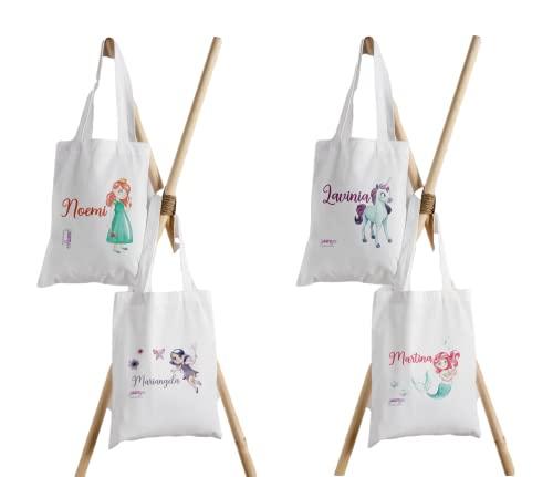 Shopper borsa sacca personalizzata con nome per bambini scuola asilo portacambio portagiacca portacappotto disegni di fiabe sirenette streghe fatine supereroi unicorni
