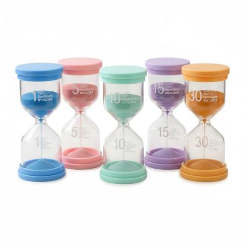 Kievano Clessidra Bambini 5 Pezzi – Timer Visivo Colorato 1/5/10/15/30 Minuti, Clessidra Educativa in Plastica Anticaduta per Studio, Gioco e Casa