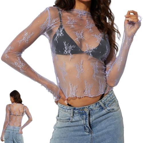 Generico Ultimatej Women's Floral Lace Thumb Hole Sheer Tee, Casual Lightweight Y2K Mock Neck Mesh Long Sleeve Top (Light Purple,M)